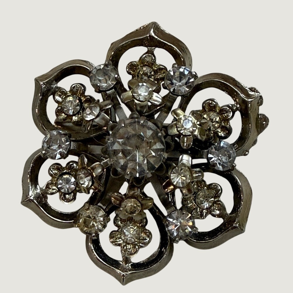 Vintage Coro Signed Silver Gold Tone Chunky Rhinestone Floral Brooch 3-D Pin